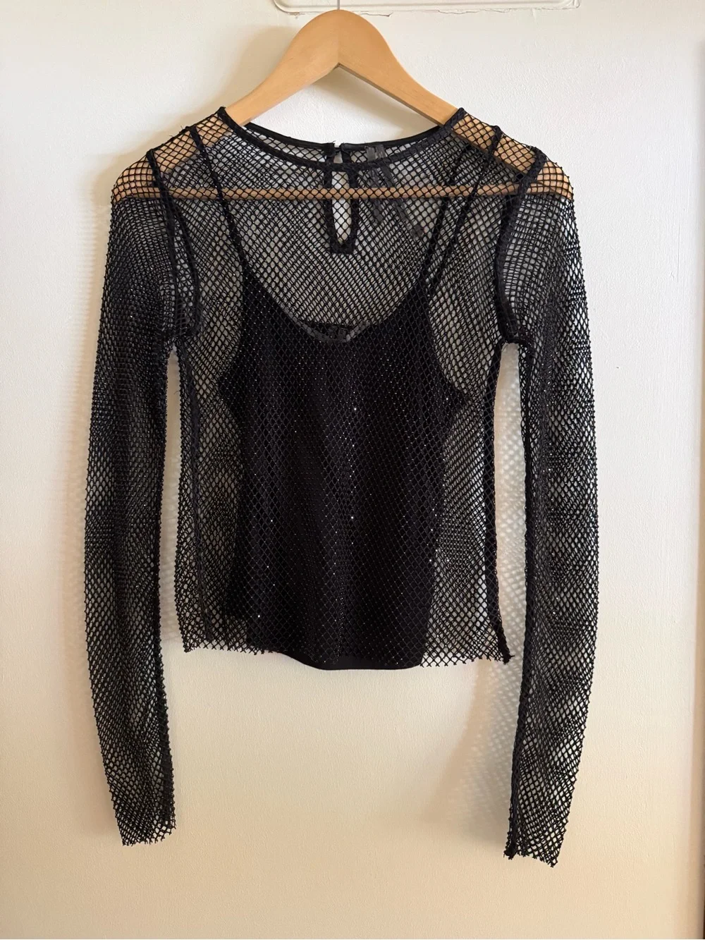 Anthropologie Black Beaded Mesh Top Long Sleeve Rhinestones Festival Y2K XXS